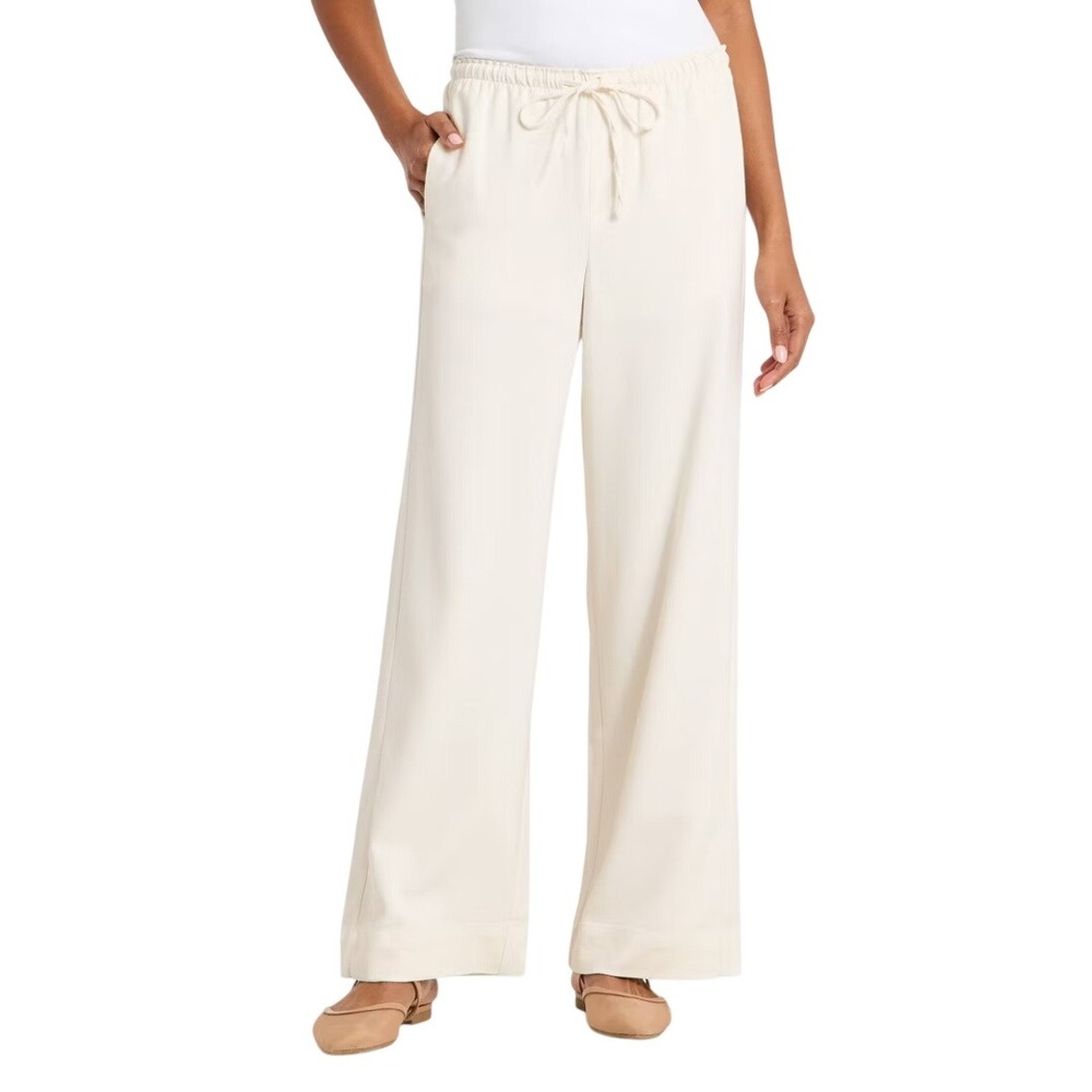 A New Day Women's Cream Wide Leg Elastic Waist Drawstring Pants Size Small Long